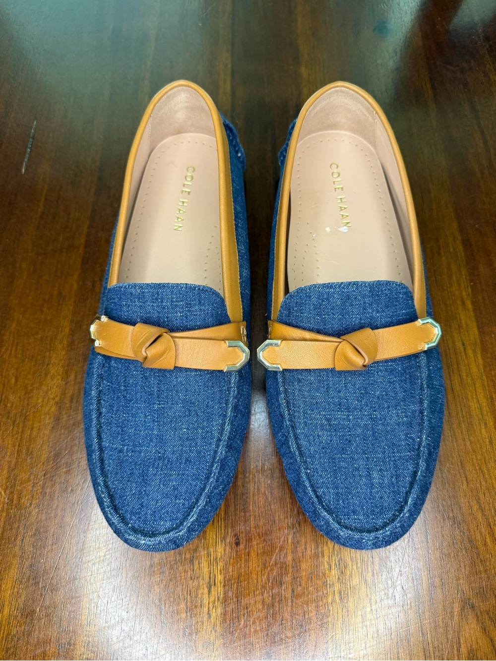 Cole Haan Blue Denim & Tan Leather Knot Loafers - Picture 2 of 7
